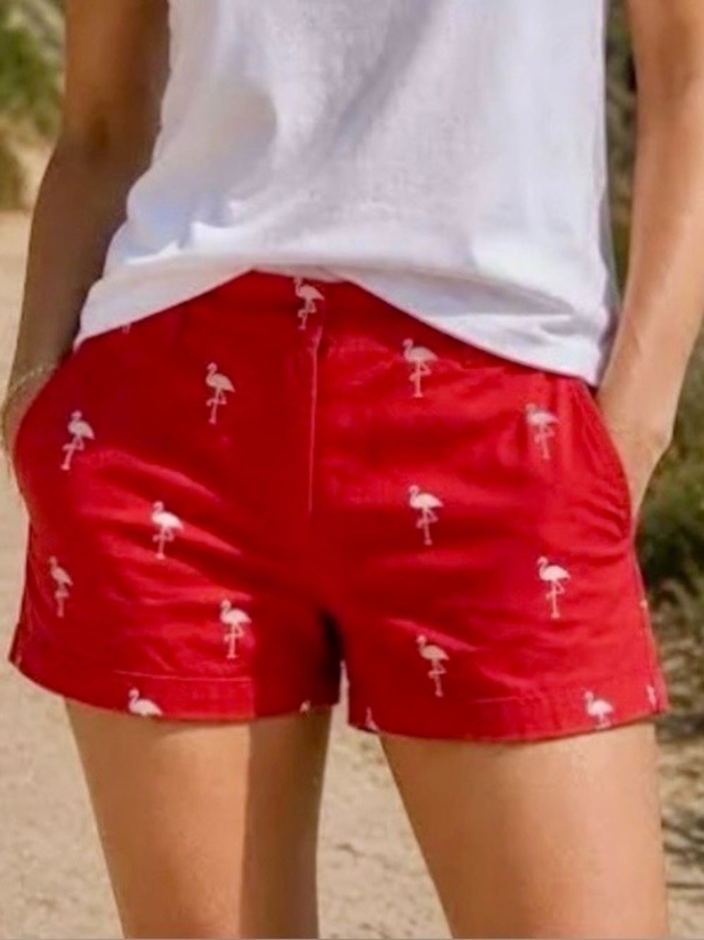 J. Crew Red Flamingo Embroidered Women’s Flat Front 3" Chino Shorts in Size 4.